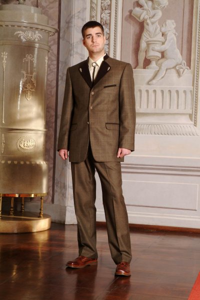 Samuel pánský oblek hnědo-kostkovaný